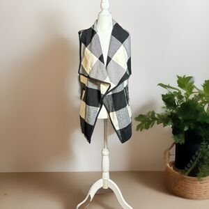 Womens Small Open Front Cardigan Black Gray Buffalo Plaid Cozy Vest Layering
